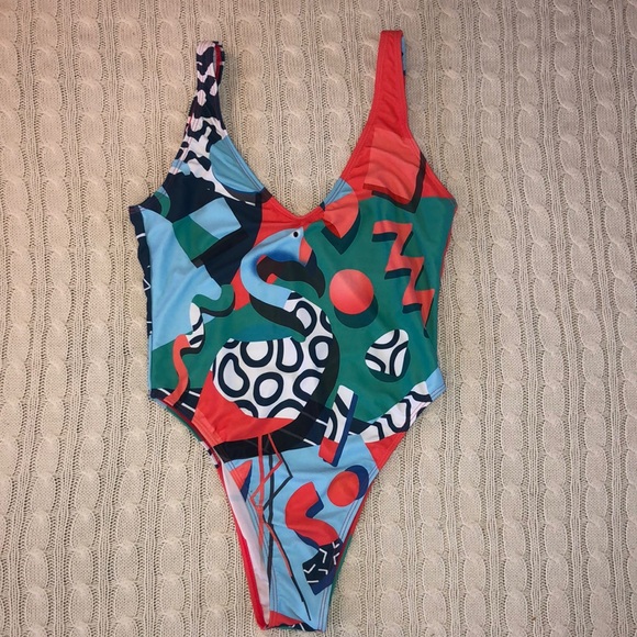 Swim Geometric 9s Print One Piece Swimsuit High Cut Leg Deep The